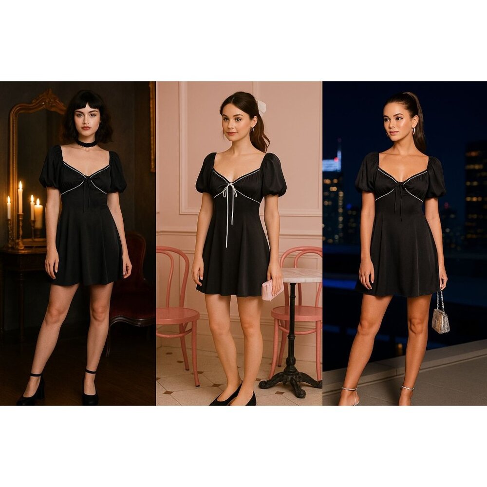 All In Favor Women Black M Mini Dress Milkmaid Puff Sleeve Coquette Whimsygoth